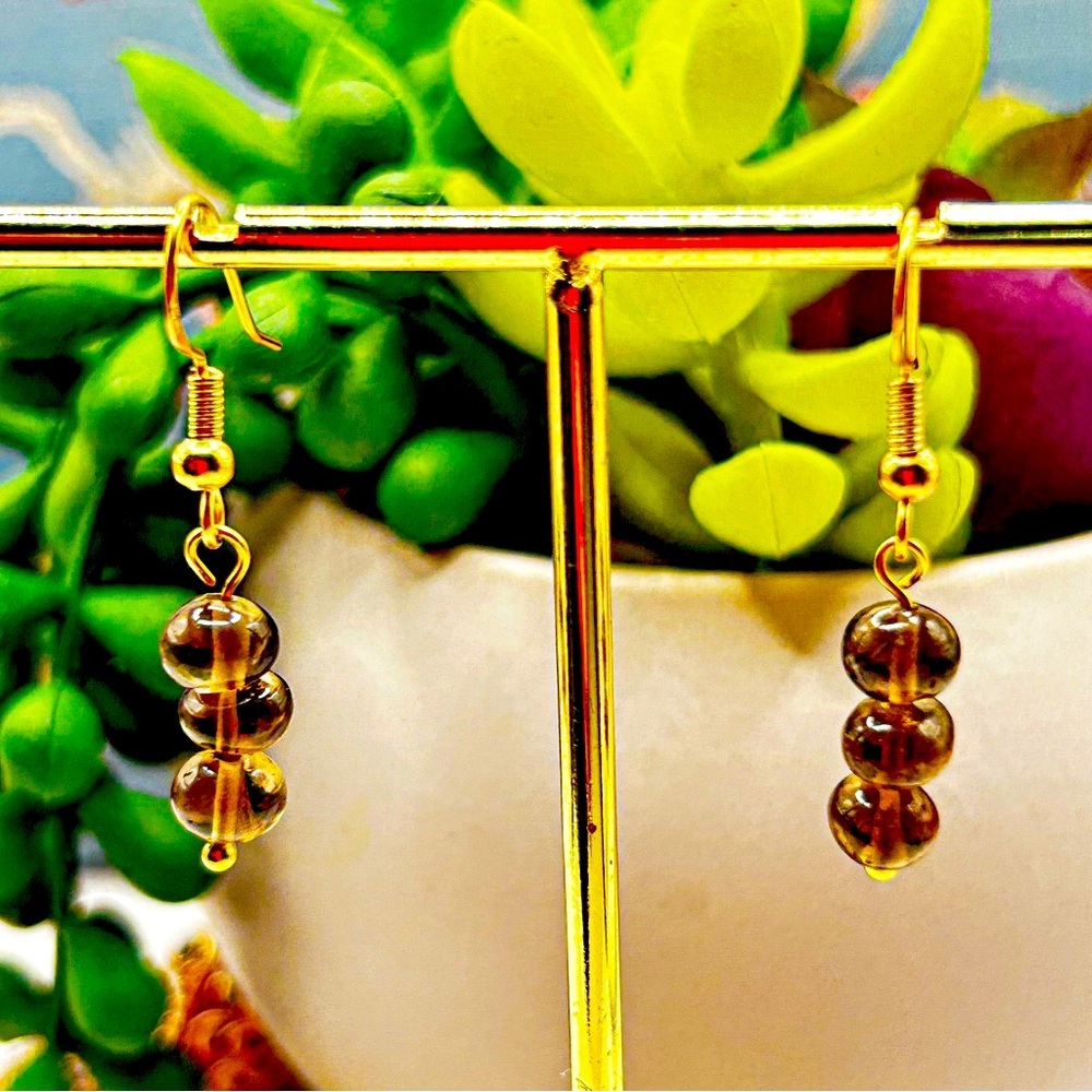 NWOT Genuine smoky quartz, 18k GP stainless steel earrings, 1” long